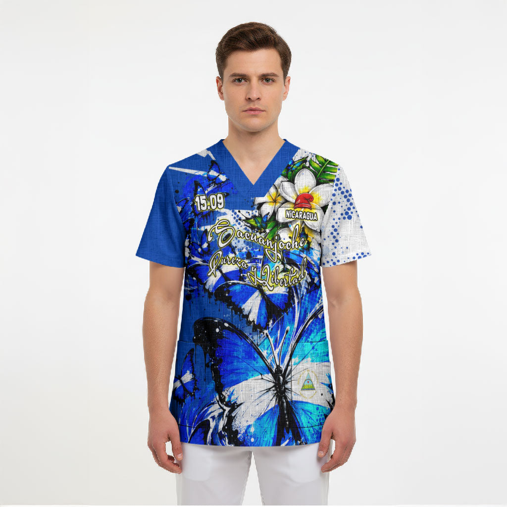 Nicaragua Independence Day Scrub Top Blue Butterfly Sacred Sacuanjoche Cultural Floral Art