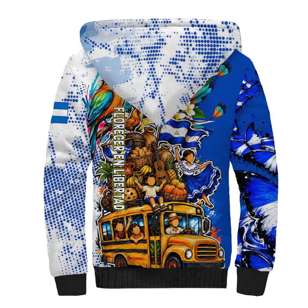 Nicaragua Independence Day Sherpa Hoodie Blue Butterfly Sacred Sacuanjoche Cultural Floral Art