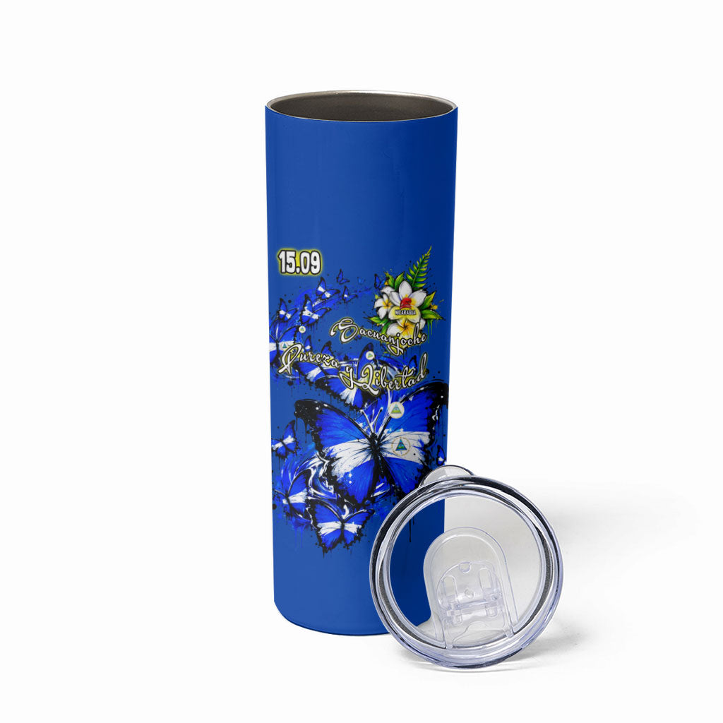 Nicaragua Independence Day Skinny Tumbler Blue Butterfly Sacred Sacuanjoche Cultural Floral Art