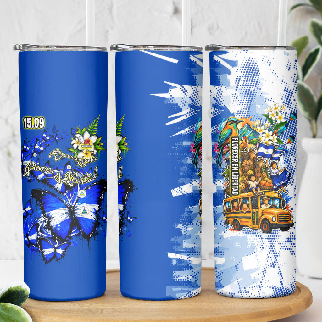 Nicaragua Independence Day Skinny Tumbler Blue Butterfly Sacred Sacuanjoche Cultural Floral Art