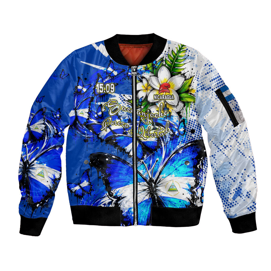 Nicaragua Independence Day Sleeve Zip Bomber Jacket Blue Butterfly Sacred Sacuanjoche Cultural Floral Art