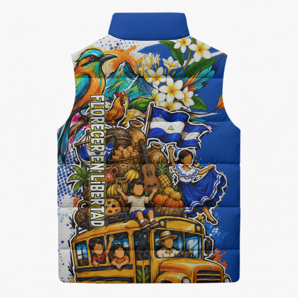 Nicaragua Independence Day Sleeveless Puffer Jacket Blue Butterfly Sacred Sacuanjoche Cultural Floral Art