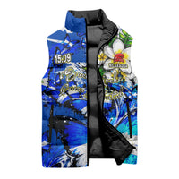 Nicaragua Independence Day Sleeveless Puffer Jacket Blue Butterfly Sacred Sacuanjoche Cultural Floral Art