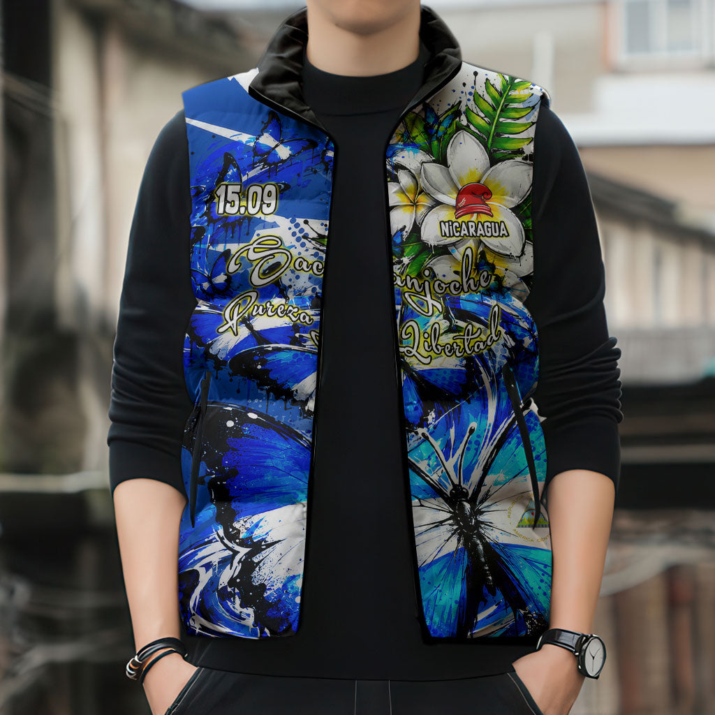Nicaragua Independence Day Sleeveless Puffer Jacket Blue Butterfly Sacred Sacuanjoche Cultural Floral Art