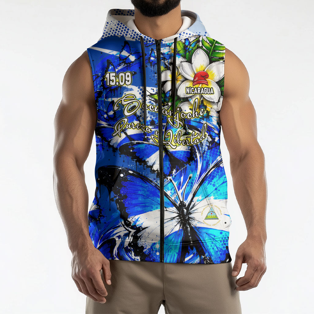 Nicaragua Independence Day Sleeveless Zip Hoodie Blue Butterfly Sacred Sacuanjoche Cultural Floral Art