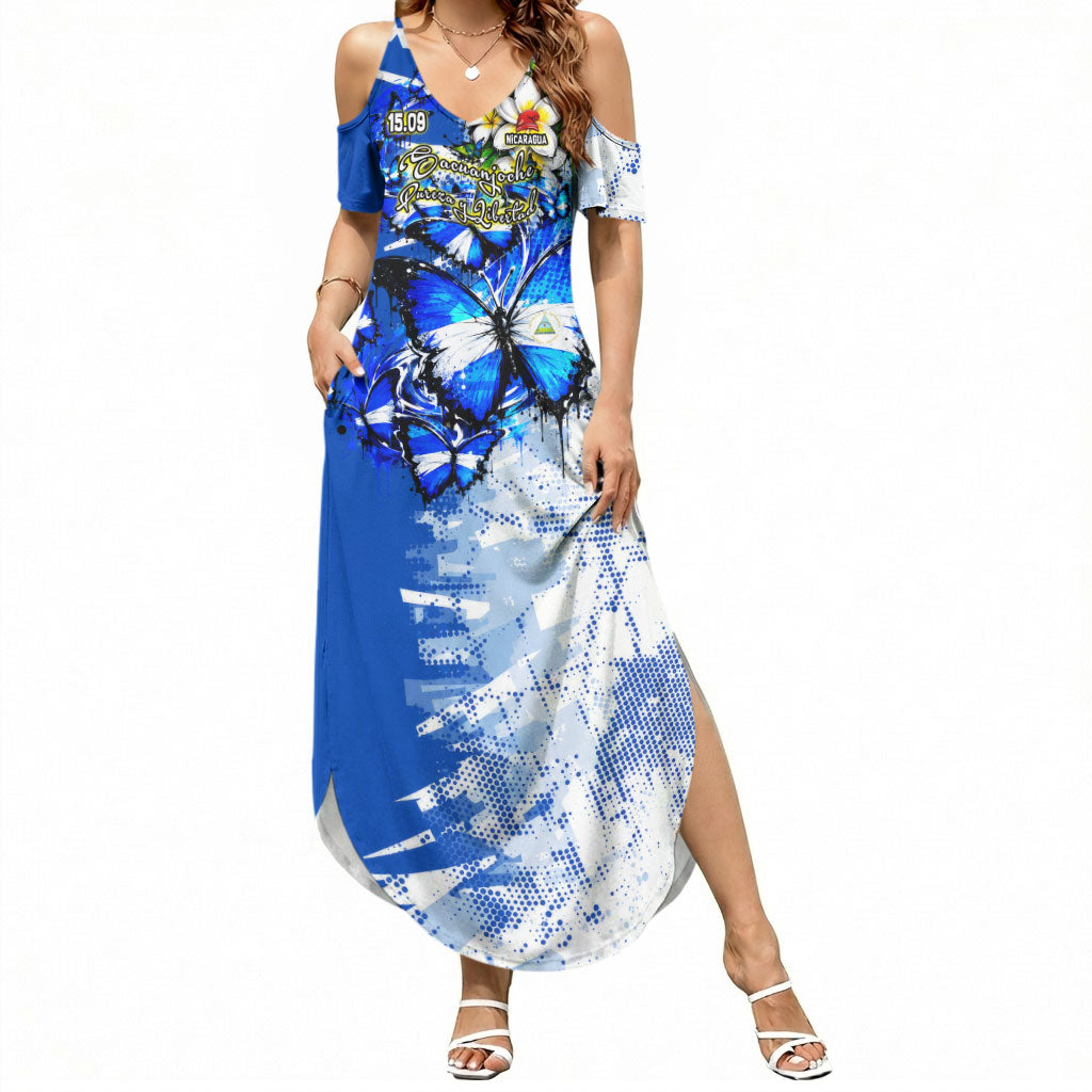 Nicaragua Independence Day Summer Maxi Dress Blue Butterfly Sacred Sacuanjoche Cultural Floral Art