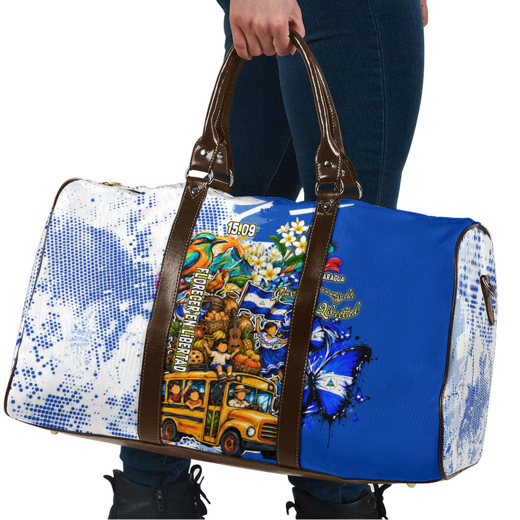 Nicaragua Independence Day Travel Bag Blue Butterfly Sacred Sacuanjoche Cultural Floral Art