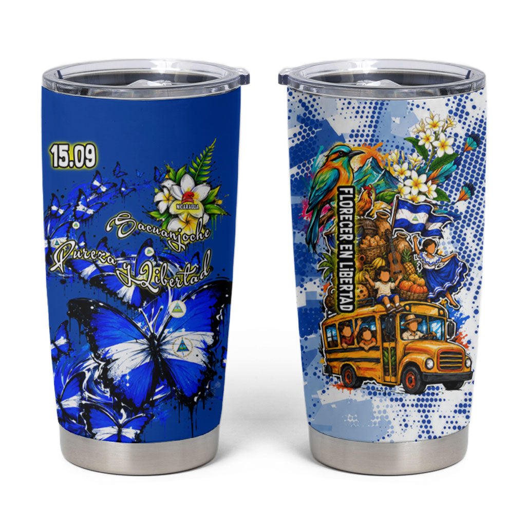 Nicaragua Independence Day Tumbler Cup Blue Butterfly Sacred Sacuanjoche Cultural Floral Art