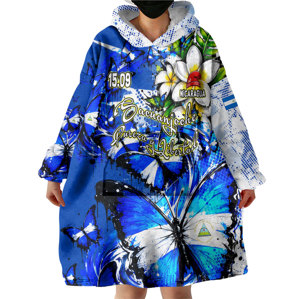 Nicaragua Independence Day Wearable Blanket Hoodie Blue Butterfly Sacred Sacuanjoche Cultural Floral Art