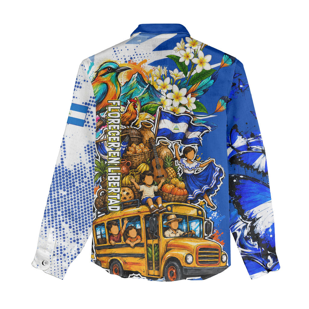 Nicaragua Independence Day Women Casual Shirt Blue Butterfly Sacred Sacuanjoche Cultural Floral Art