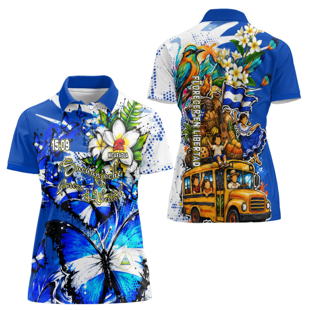 Nicaragua Independence Day Women Polo Shirt Blue Butterfly Sacred Sacuanjoche Cultural Floral Art