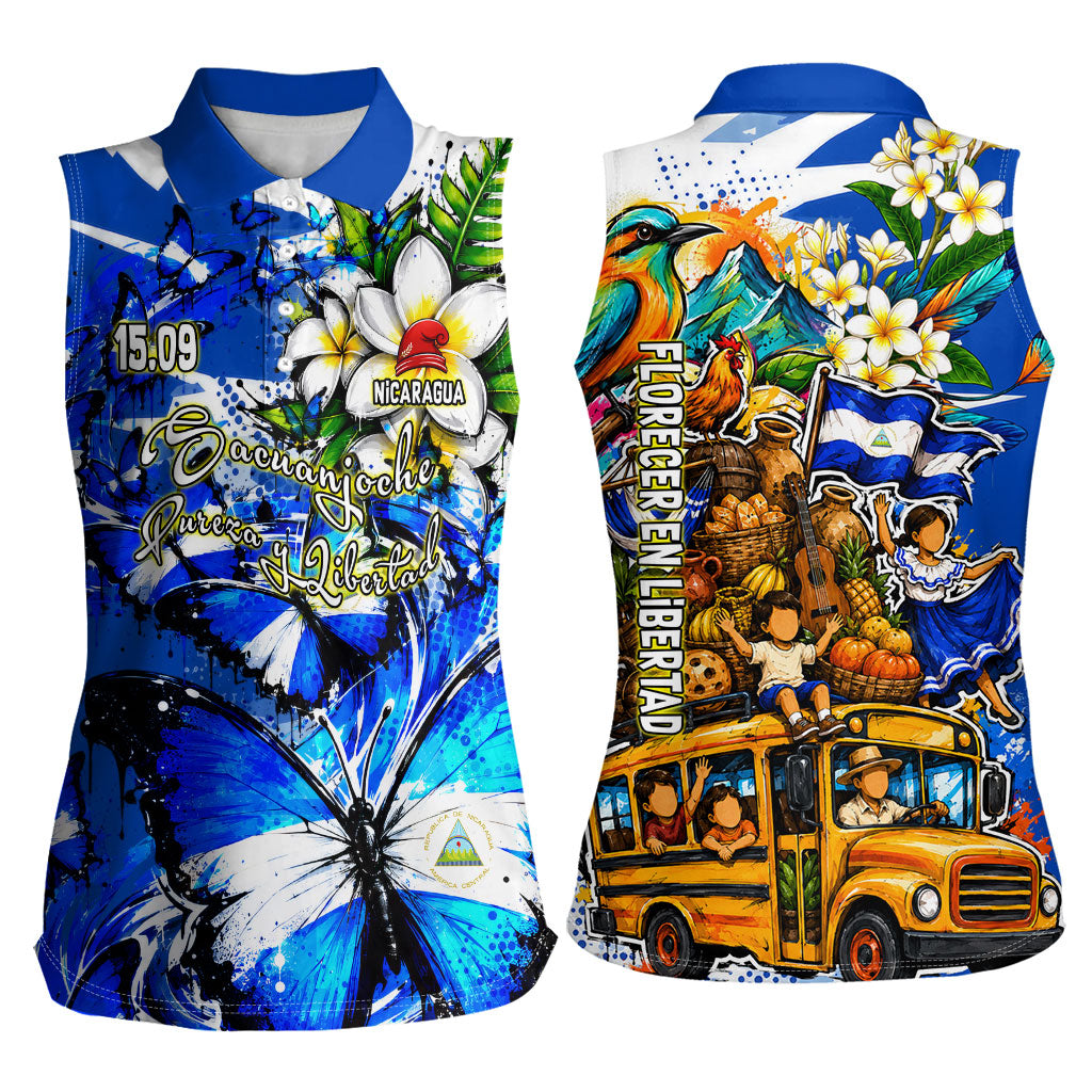 Nicaragua Independence Day Women Sleeveless Polo Shirt Blue Butterfly Sacred Sacuanjoche Cultural Floral Art
