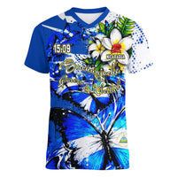 Nicaragua Independence Day Women V-Neck T-Shirt Blue Butterfly Sacred Sacuanjoche Cultural Floral Art