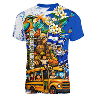 Nicaragua Independence Day Women V-Neck T-Shirt Blue Butterfly Sacred Sacuanjoche Cultural Floral Art