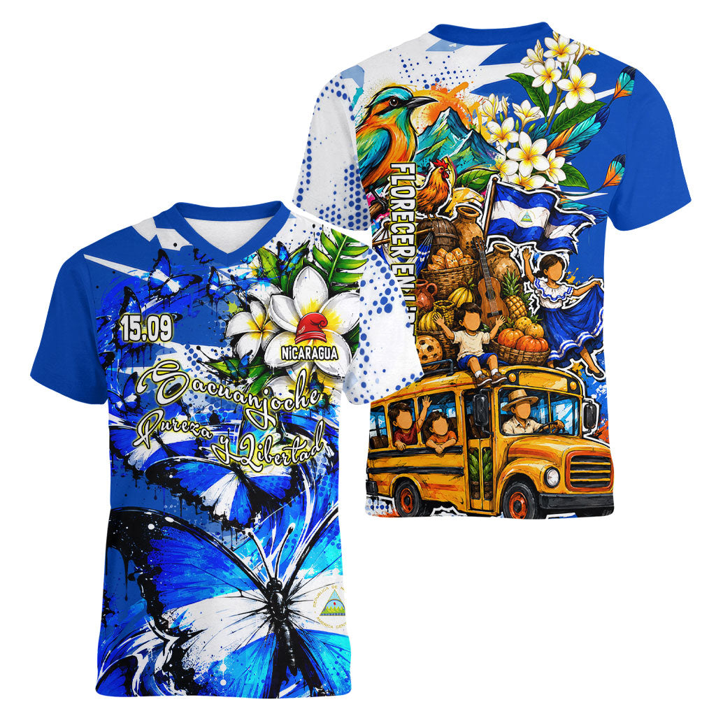 Nicaragua Independence Day Women V-Neck T-Shirt Blue Butterfly Sacred Sacuanjoche Cultural Floral Art