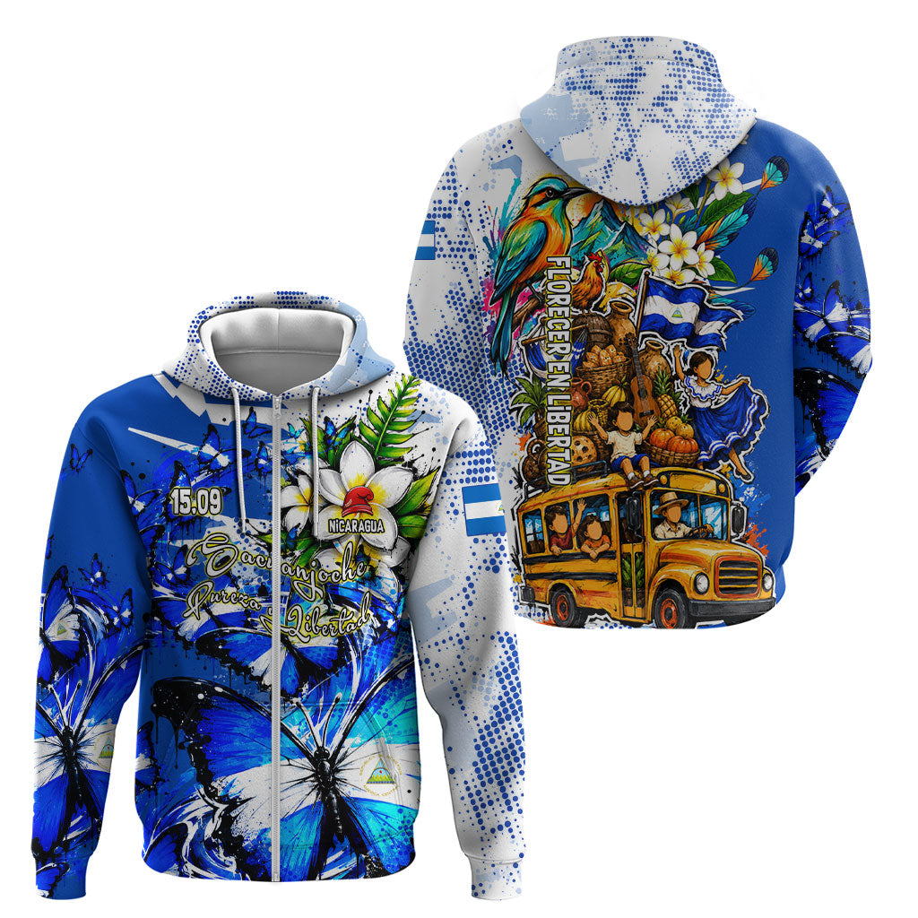 Nicaragua Independence Day Zip Hoodie Blue Butterfly Sacred Sacuanjoche Cultural Floral Art