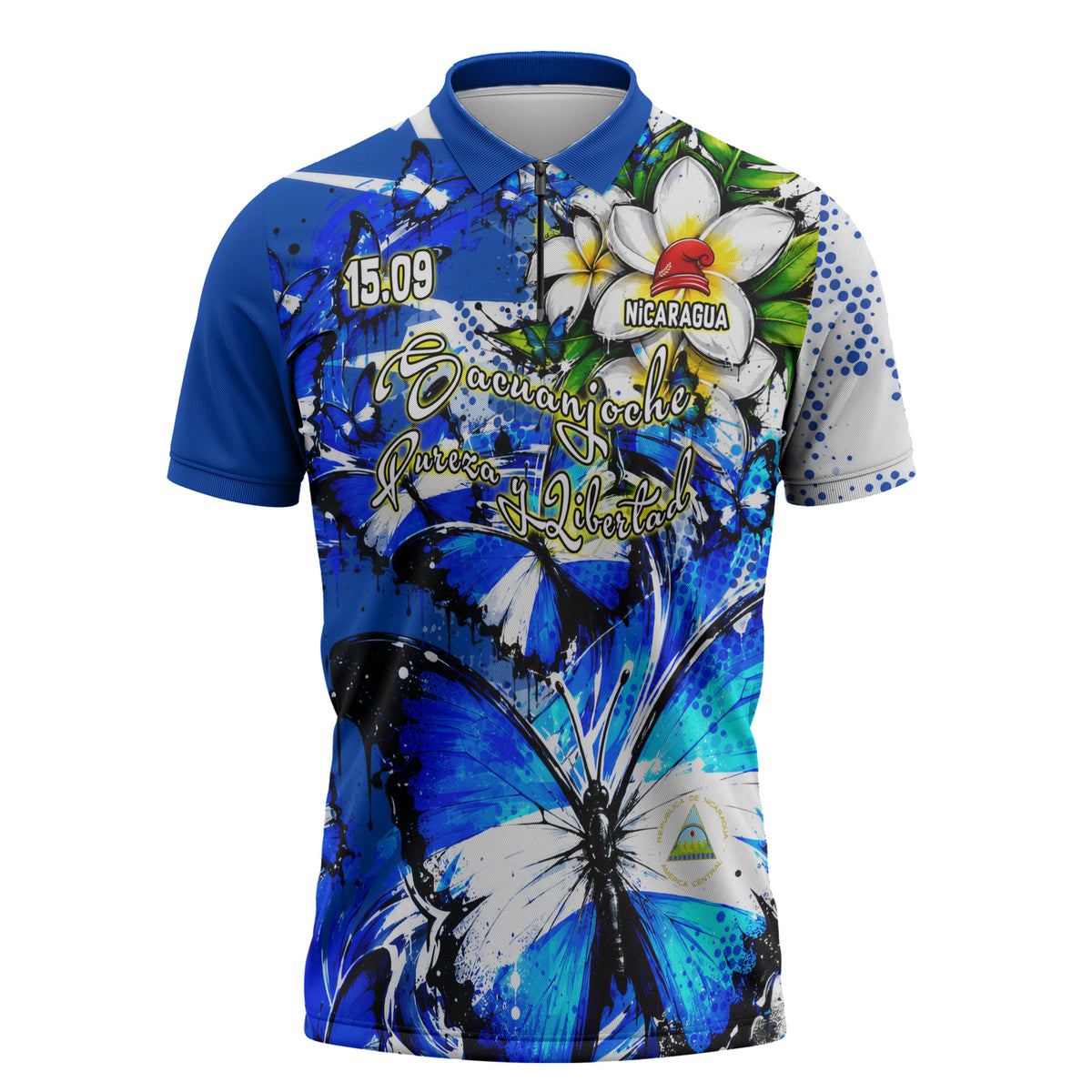 Nicaragua Independence Day Zipper Polo Shirt Blue Butterfly Sacred Sacuanjoche Cultural Floral Art