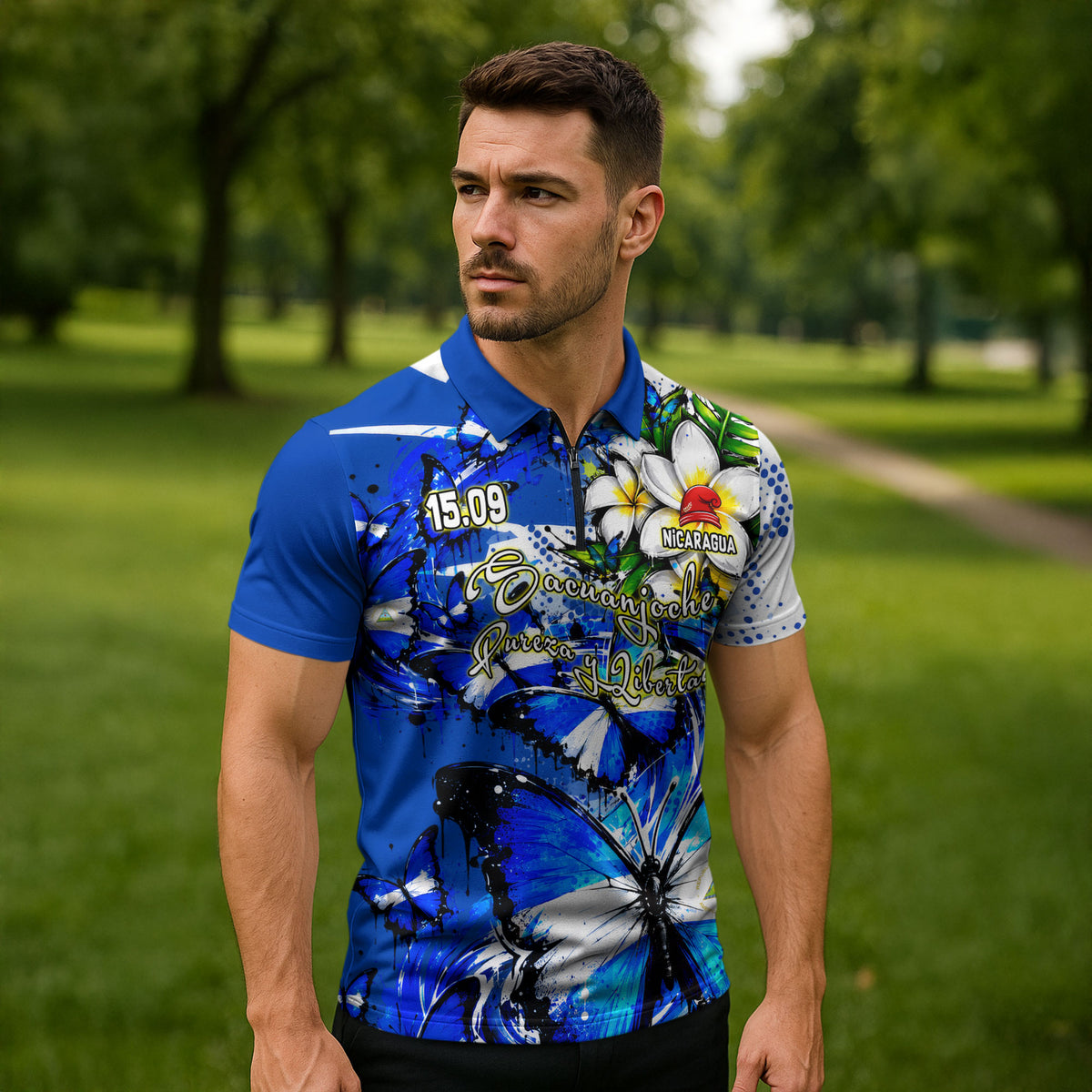 Nicaragua Independence Day Zipper Polo Shirt Blue Butterfly Sacred Sacuanjoche Cultural Floral Art
