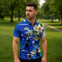 Nicaragua Independence Day Zipper Polo Shirt Blue Butterfly Sacred Sacuanjoche Cultural Floral Art