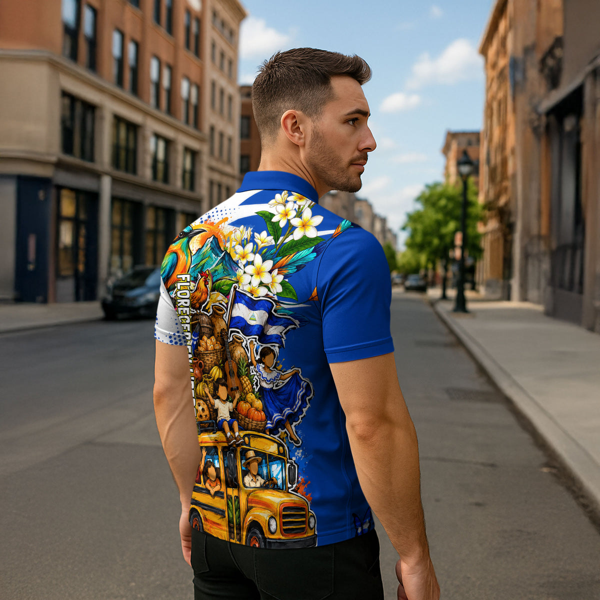 Nicaragua Independence Day Zipper Polo Shirt Blue Butterfly Sacred Sacuanjoche Cultural Floral Art