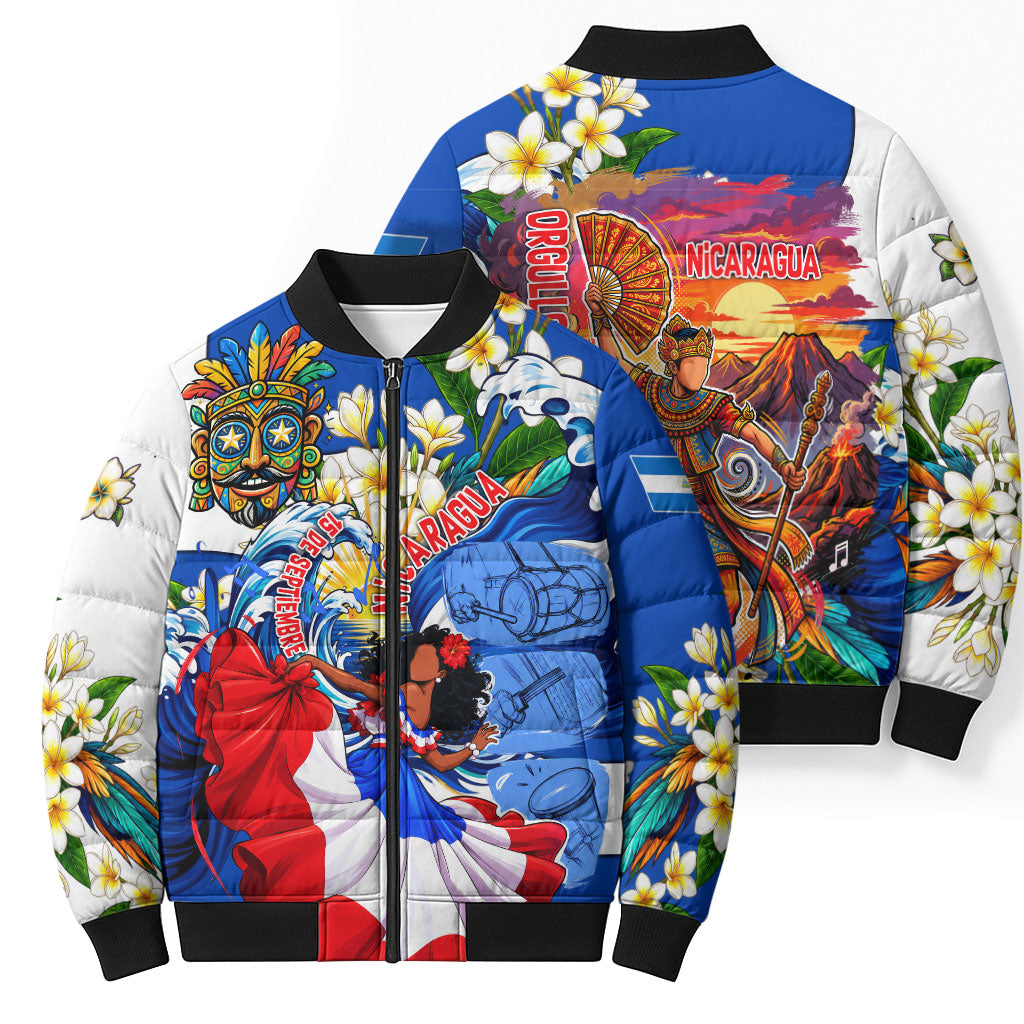 Nicaragua Independence Day Orgullo Y Tradicion Bomber Puffer Jacket Vibrant Folkloric Dance Sacuanjoche Floral Culture