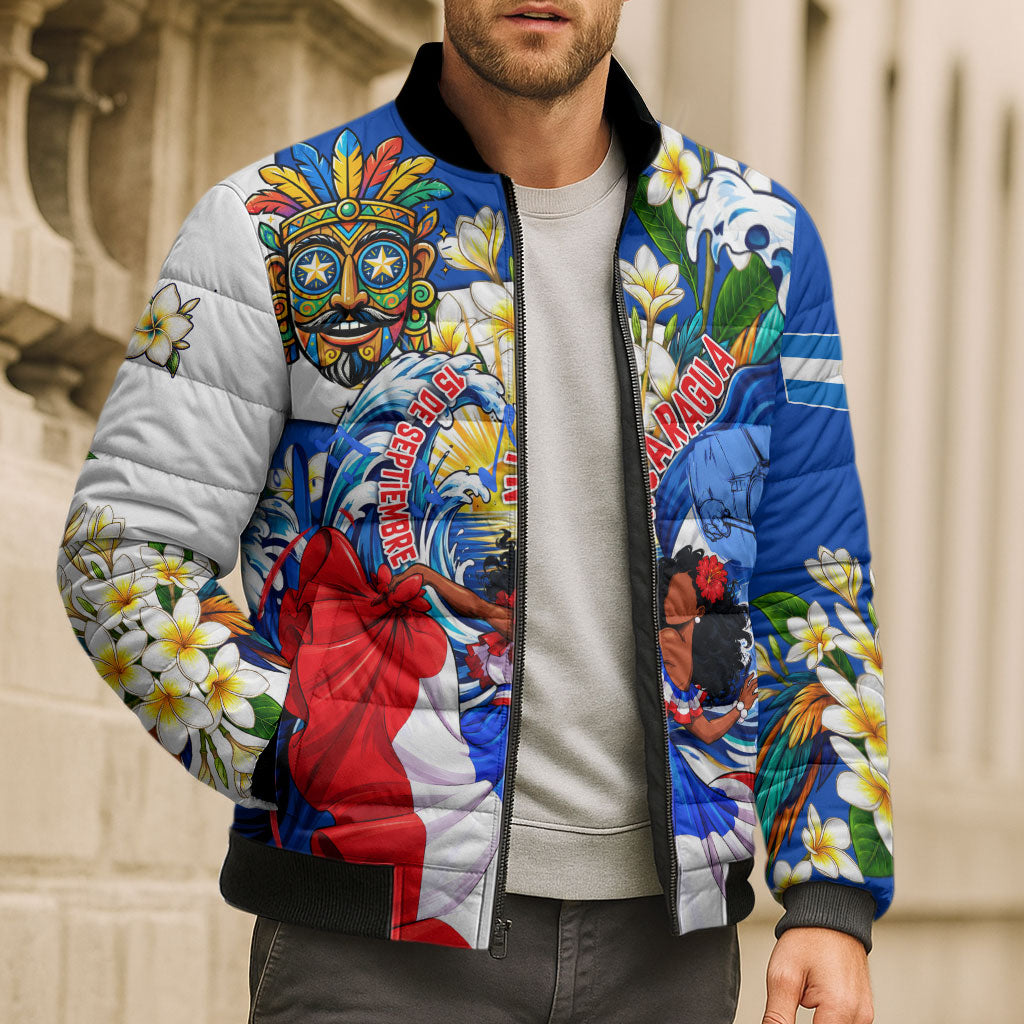 Nicaragua Independence Day Orgullo Y Tradicion Bomber Puffer Jacket Vibrant Folkloric Dance Sacuanjoche Floral Culture