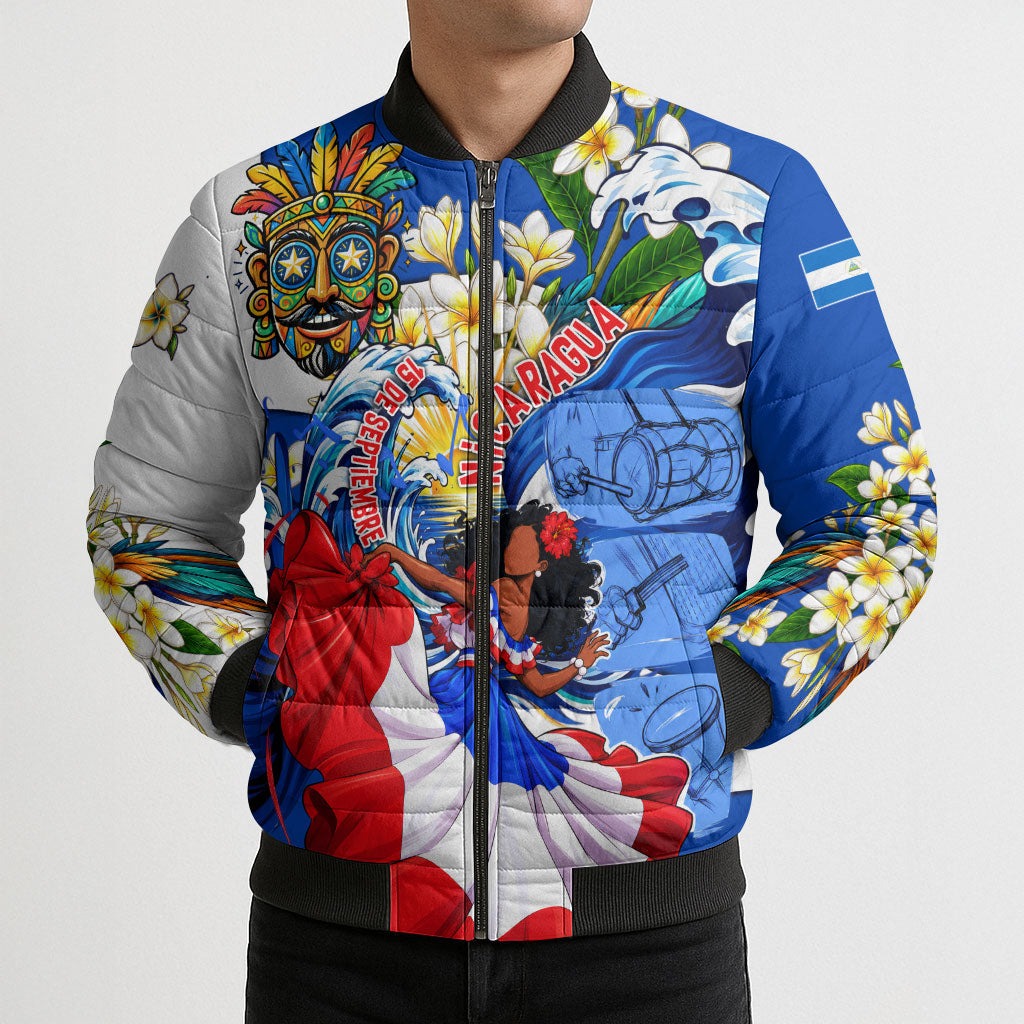Nicaragua Independence Day Orgullo Y Tradicion Bomber Puffer Jacket Vibrant Folkloric Dance Sacuanjoche Floral Culture