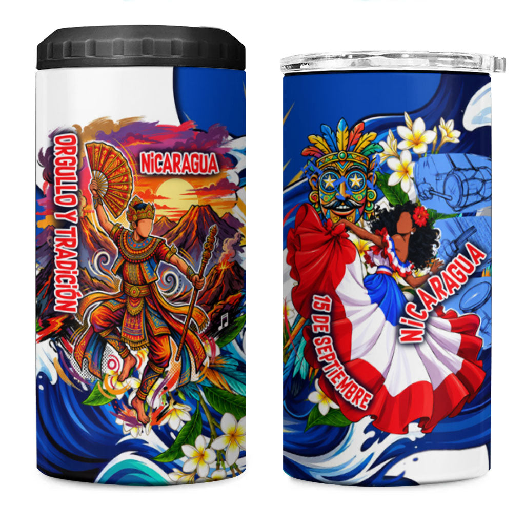 Nicaragua Independence Day Orgullo Y Tradicion 4 in 1 Can Cooler Tumbler Vibrant Folkloric Dance Sacuanjoche Floral Culture