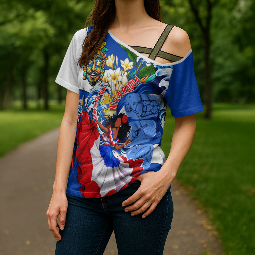 Nicaragua Independence Day Orgullo Y Tradicion Cross Shoulder Shirt Vibrant Folkloric Dance Sacuanjoche Floral Culture