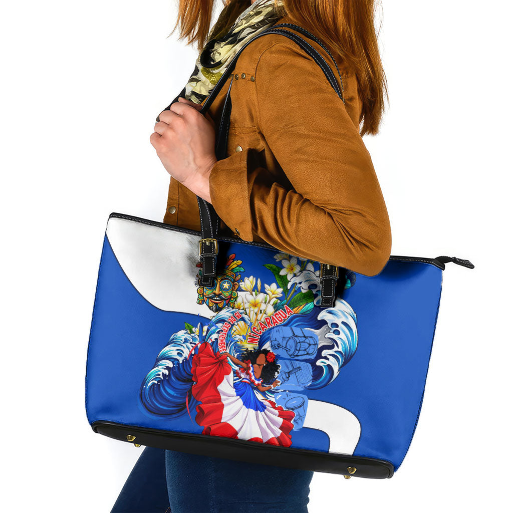 Nicaragua Independence Day Orgullo Y Tradicion Leather Tote Bag Vibrant Folkloric Dance Sacuanjoche Floral Culture