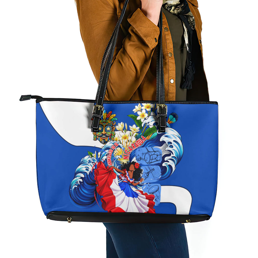 Nicaragua Independence Day Orgullo Y Tradicion Leather Tote Bag Vibrant Folkloric Dance Sacuanjoche Floral Culture