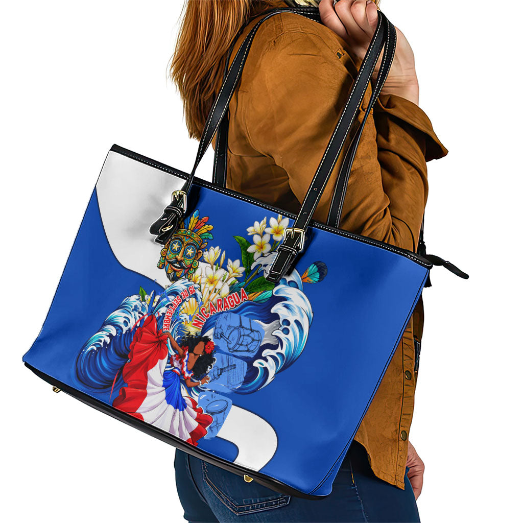 Nicaragua Independence Day Orgullo Y Tradicion Leather Tote Bag Vibrant Folkloric Dance Sacuanjoche Floral Culture