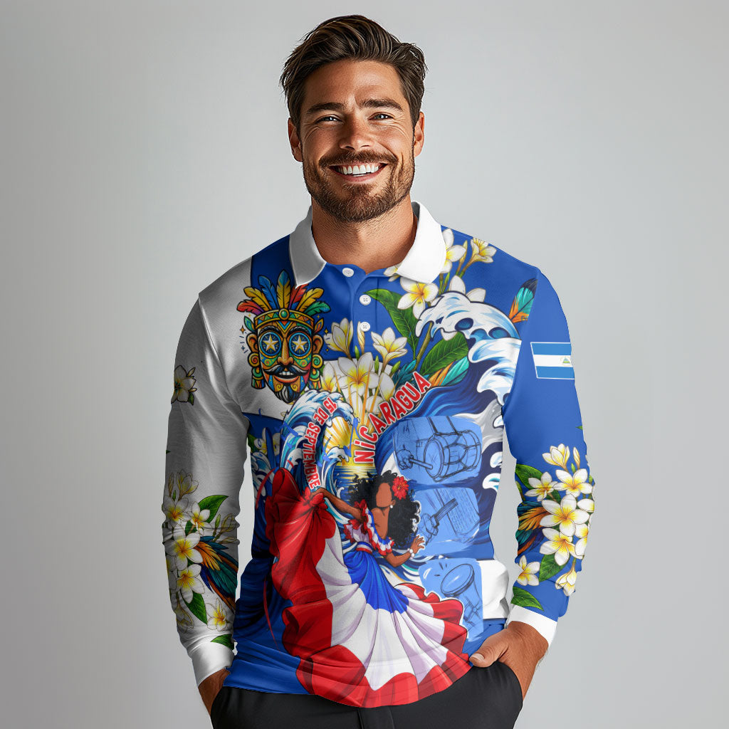 Nicaragua Independence Day Orgullo Y Tradicion Long Sleeve Polo Shirt Vibrant Folkloric Dance Sacuanjoche Floral Culture
