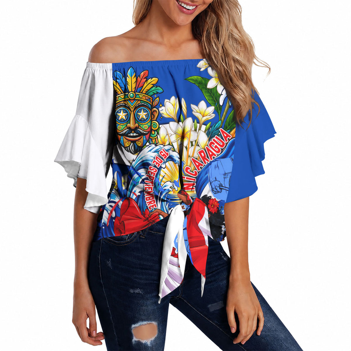 Nicaragua Independence Day Orgullo Y Tradicion Off Shoulder Wrap Waist Top Vibrant Folkloric Dance Sacuanjoche Floral Culture