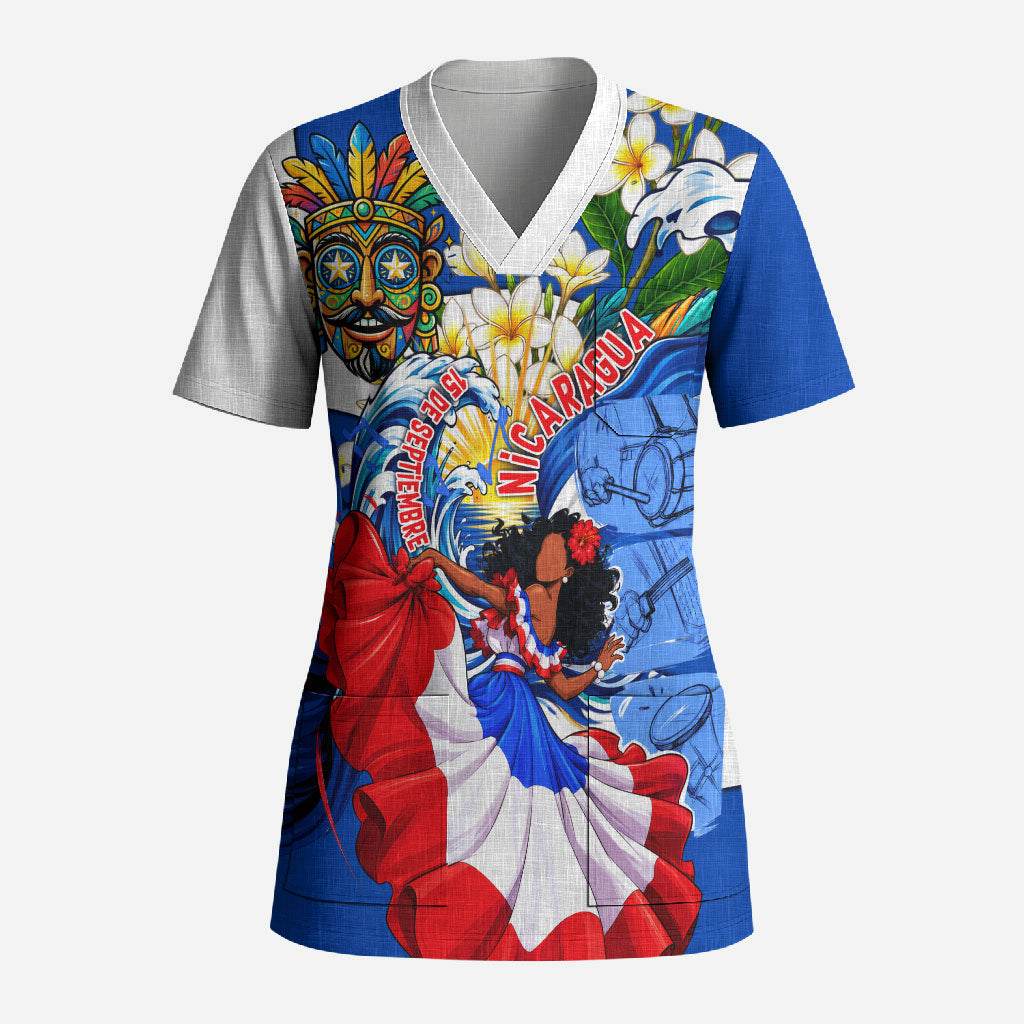 Nicaragua Independence Day Orgullo Y Tradicion Scrub Top Vibrant Folkloric Dance Sacuanjoche Floral Culture
