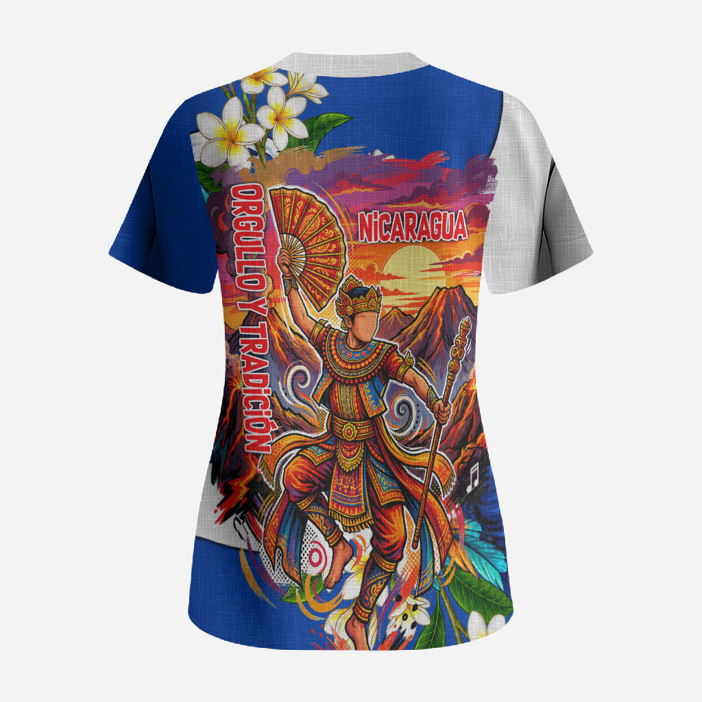 Nicaragua Independence Day Orgullo Y Tradicion Scrub Top Vibrant Folkloric Dance Sacuanjoche Floral Culture
