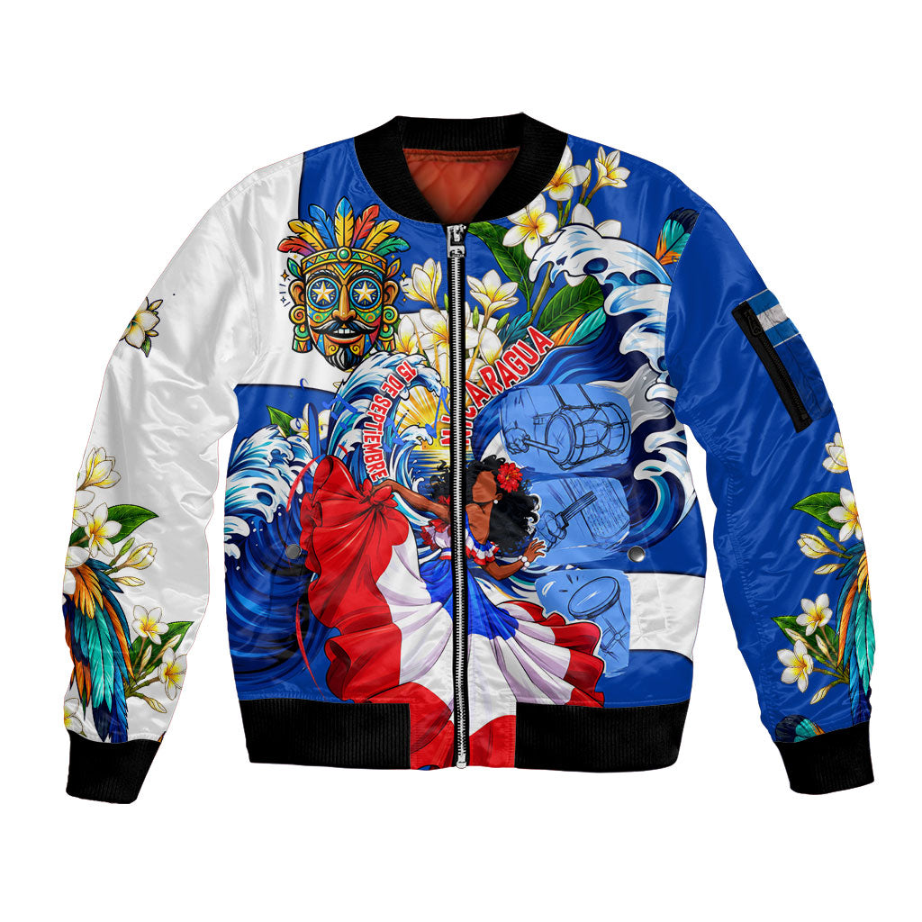 Nicaragua Independence Day Orgullo Y Tradicion Sleeve Zip Bomber Jacket Vibrant Folkloric Dance Sacuanjoche Floral Culture