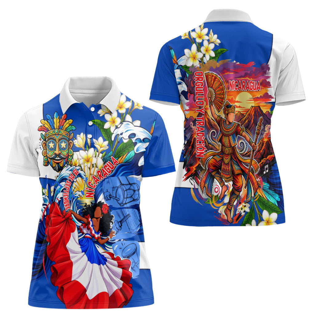Nicaragua Independence Day Orgullo Y Tradicion Women Polo Shirt Vibrant Folkloric Dance Sacuanjoche Floral Culture