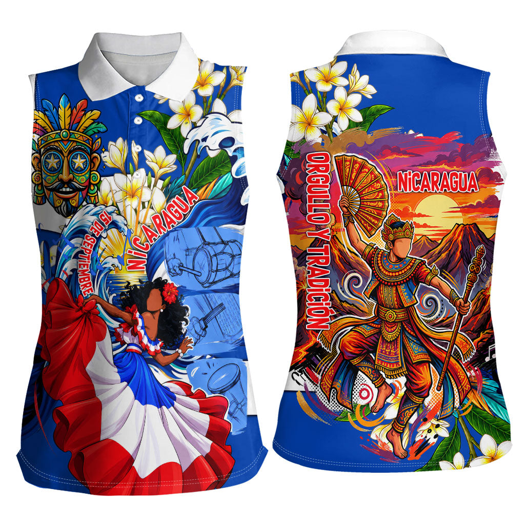 Nicaragua Independence Day Orgullo Y Tradicion Women Sleeveless Polo Shirt Vibrant Folkloric Dance Sacuanjoche Floral Culture