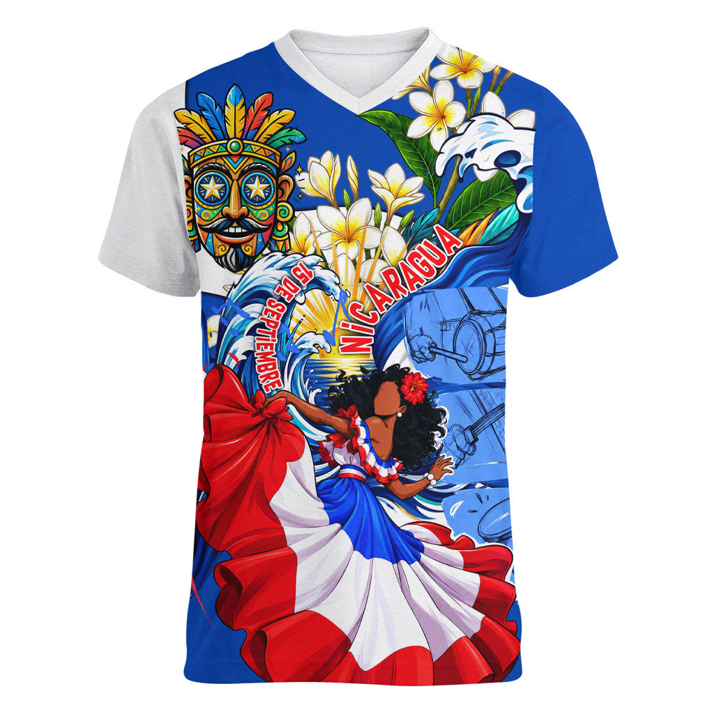 Nicaragua Independence Day Orgullo Y Tradicion Women V-Neck T-Shirt Vibrant Folkloric Dance Sacuanjoche Floral Culture