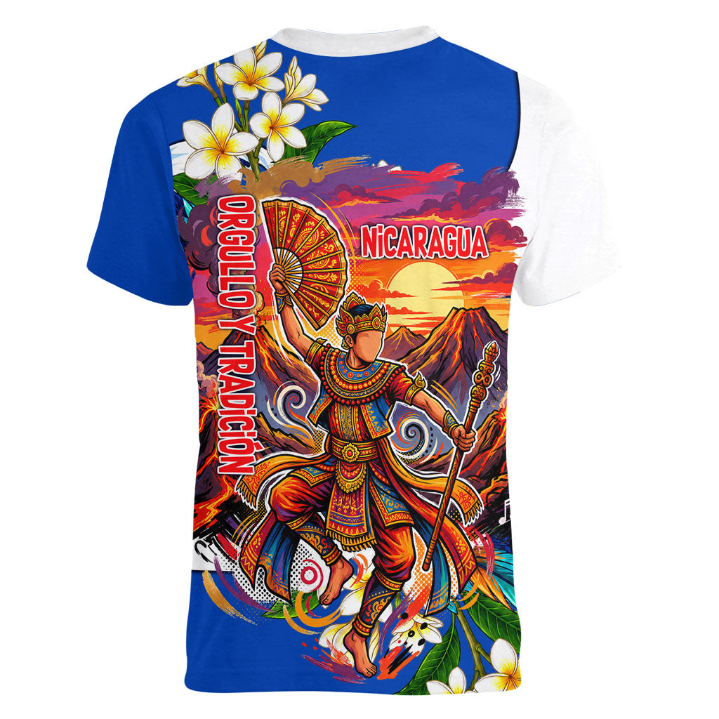 Nicaragua Independence Day Orgullo Y Tradicion Women V-Neck T-Shirt Vibrant Folkloric Dance Sacuanjoche Floral Culture