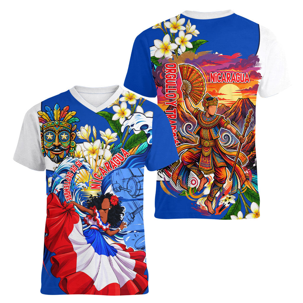 Nicaragua Independence Day Orgullo Y Tradicion Women V-Neck T-Shirt Vibrant Folkloric Dance Sacuanjoche Floral Culture