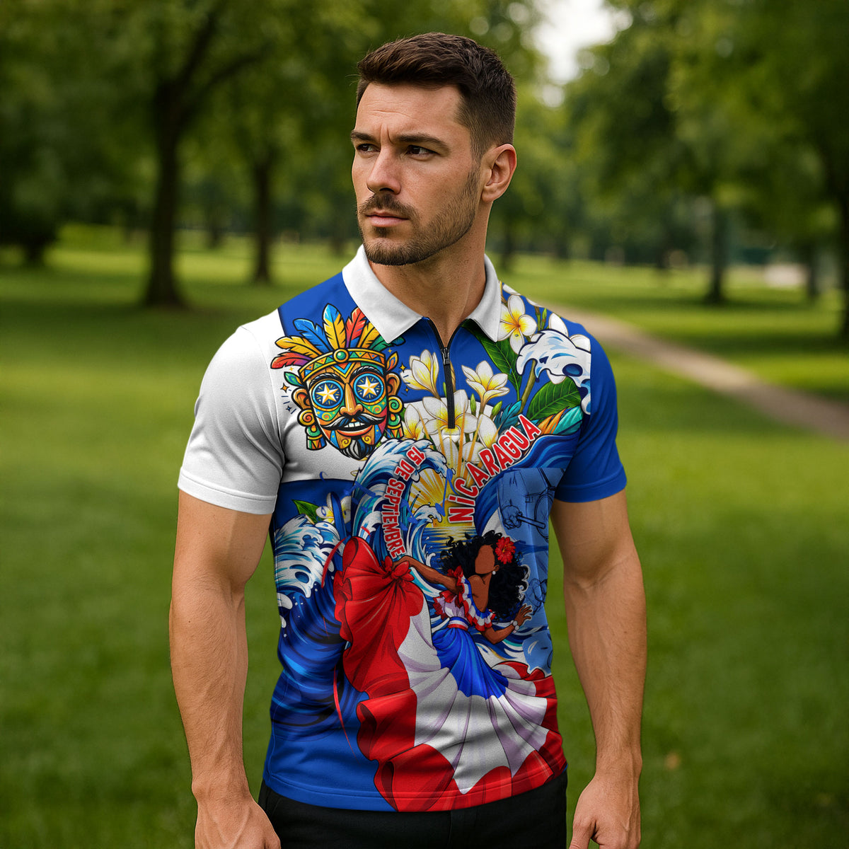 Nicaragua Independence Day Orgullo Y Tradicion Zipper Polo Shirt Vibrant Folkloric Dance Sacuanjoche Floral Culture