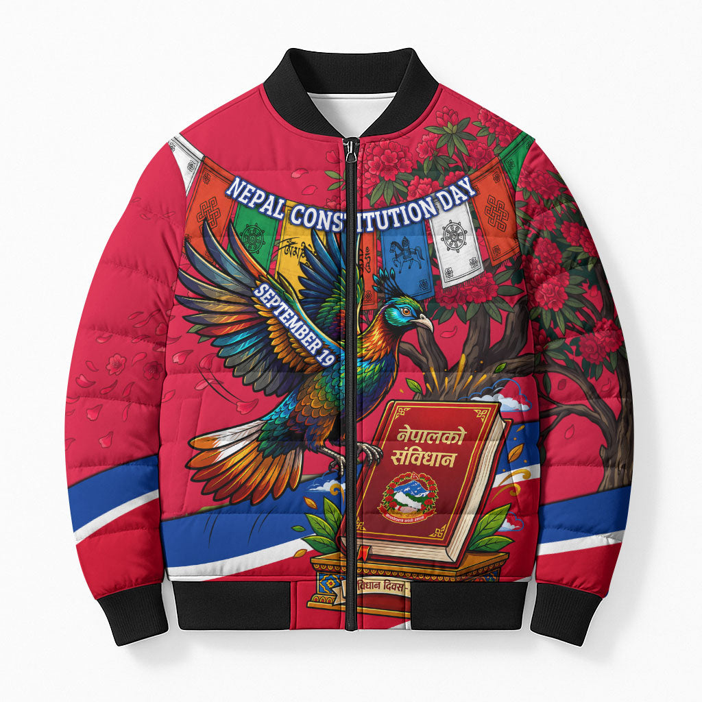 Nepal Constitution Day Bomber Puffer Jacket Himalayan Temples Danphe Himalayan Monal Floral