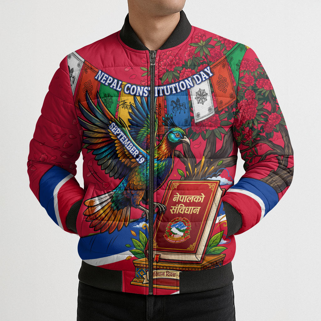 Nepal Constitution Day Bomber Puffer Jacket Himalayan Temples Danphe Himalayan Monal Floral
