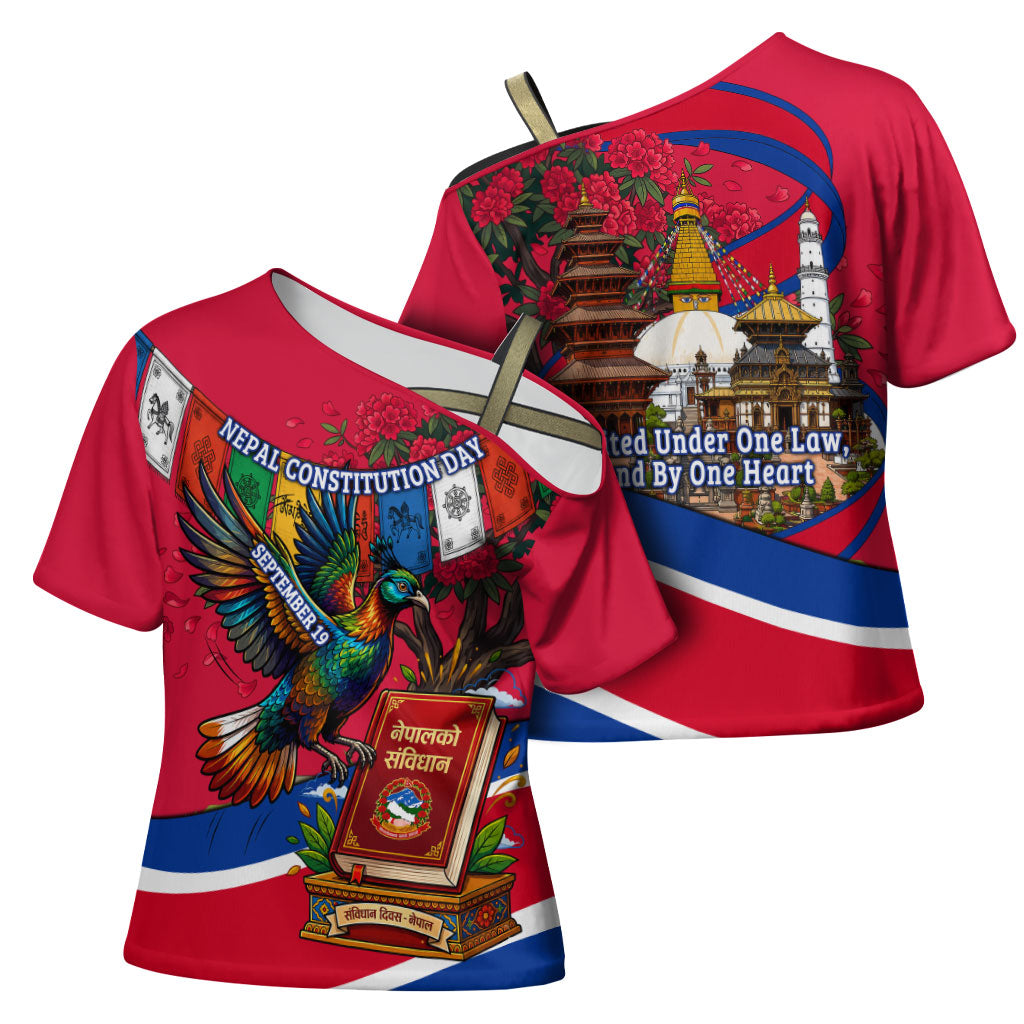 Nepal Constitution Day Cross Shoulder Shirt Himalayan Temples Danphe Himalayan Monal Floral
