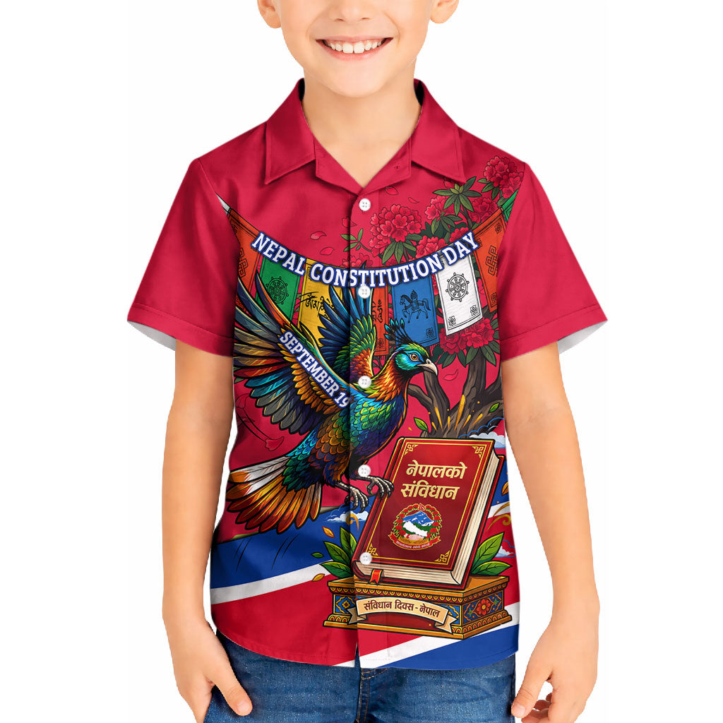 Nepal Constitution Day Kid Hawaiian Shirt Himalayan Temples Danphe Himalayan Monal Floral