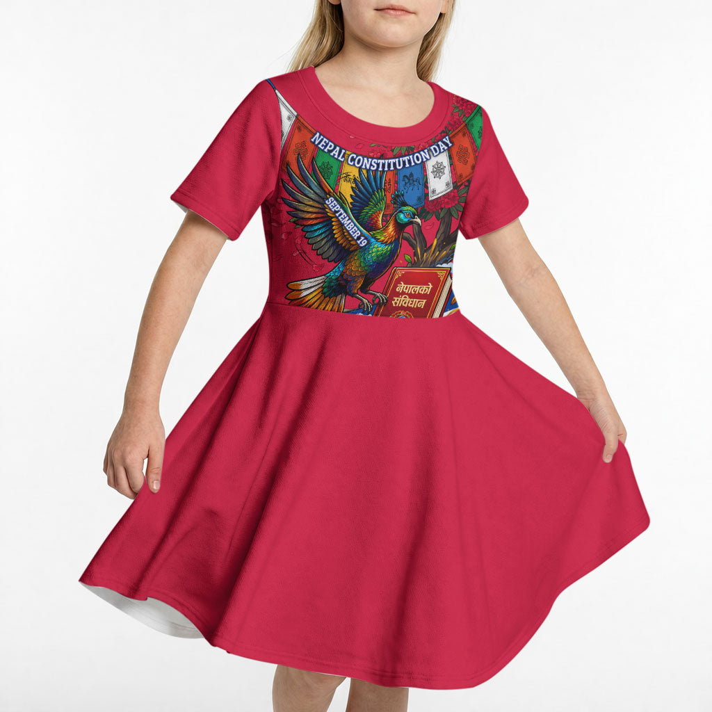 Nepal Constitution Day Kid Short Sleeve Dress Himalayan Temples Danphe Himalayan Monal Floral