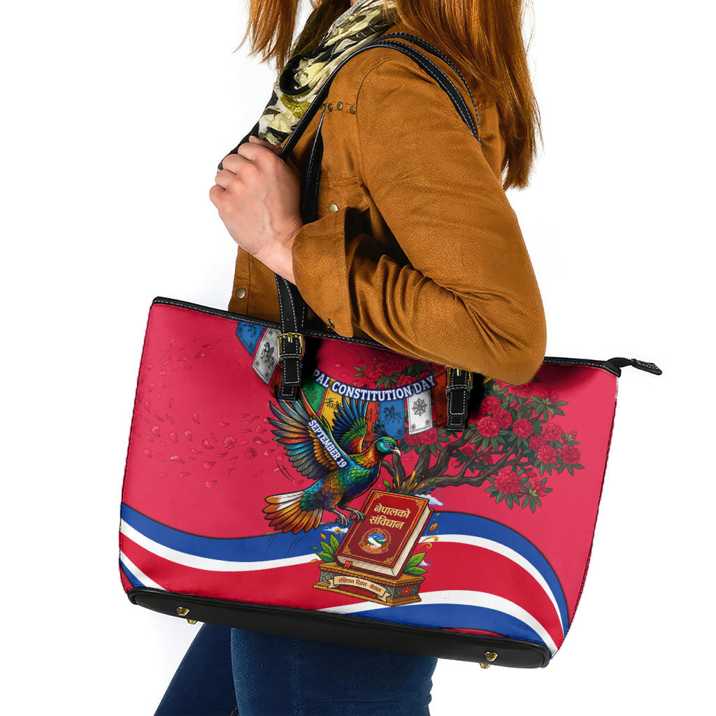 Nepal Constitution Day Leather Tote Bag Himalayan Temples Danphe Himalayan Monal Floral
