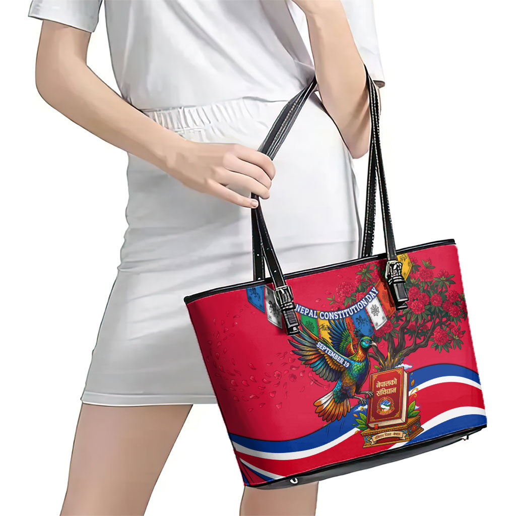 Nepal Constitution Day Leather Tote Bag Himalayan Temples Danphe Himalayan Monal Floral